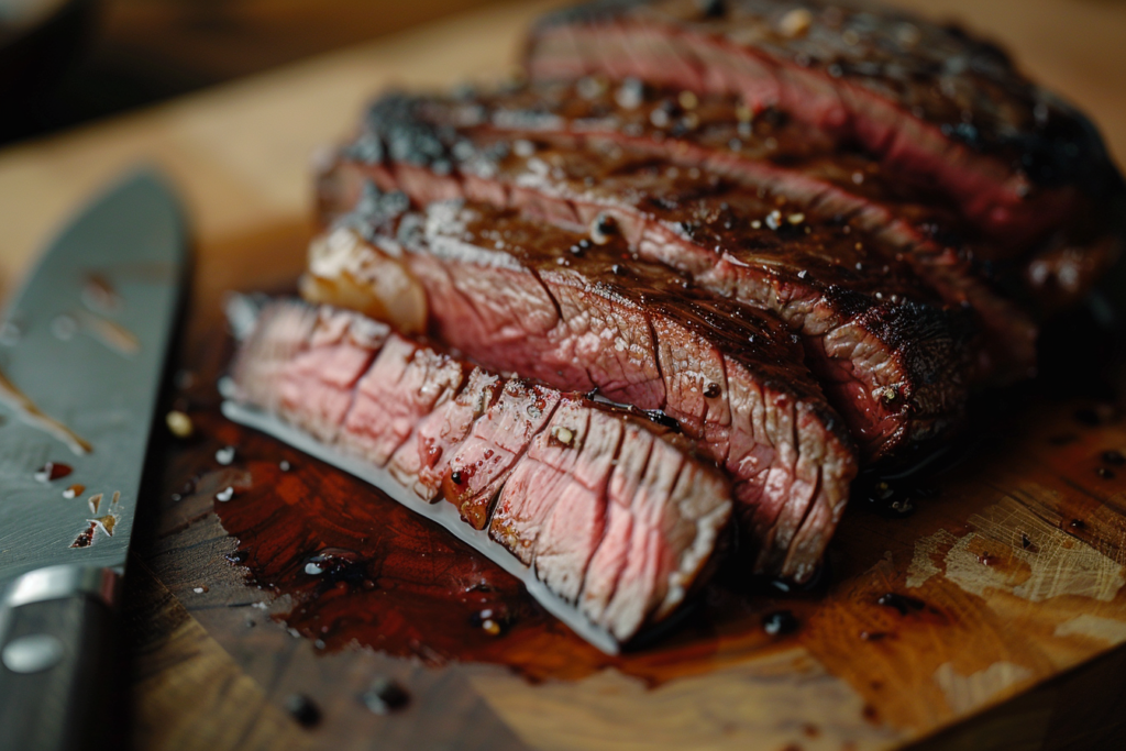 Sliced, medium-rare Bavette steak on a wooden cutting board, showcasing its juicy, tender texture with a knife beside it.