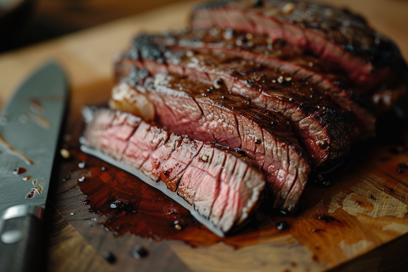 Sliced, medium-rare Bavette steak on a wooden cutting board, showcasing its juicy, tender texture with a knife beside it.
