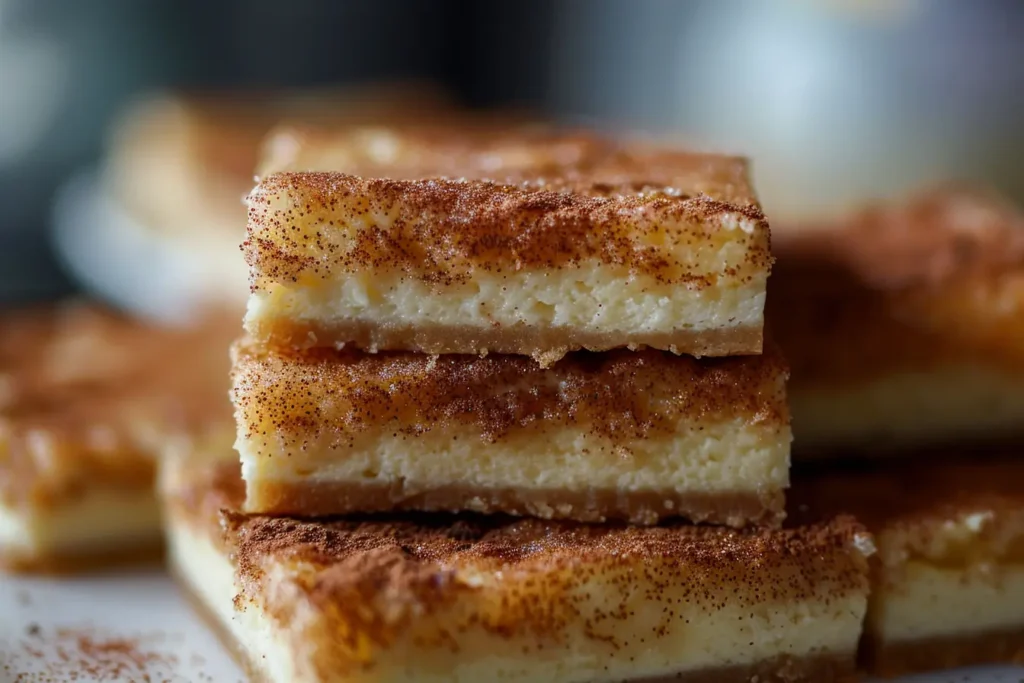 The image shows a close-up of churro-flavored cheesecake bars. These bars consist of a creamy, smooth cheesecake layer resting on top of a crispy, cinnamon-sugar dusted crust, likely inspired by the texture and flavor of churros. The top layer is generously sprinkled with cinnamon, enhancing the dessert’s warm, spiced flavor. The thick, decadent cheesecake filling contrasts with the crunchy base, creating a visually appealing and delicious treat.