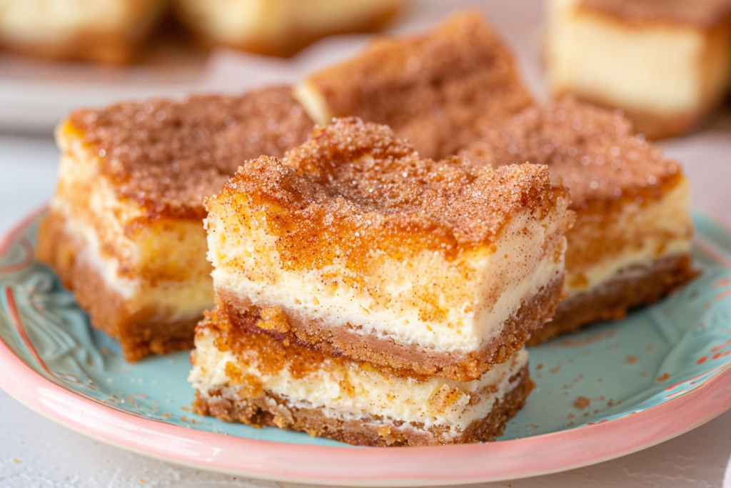 The image shows delicious churro cheesecake bars with a golden, cinnamon-sugar topping. Each bar features a thick, creamy cheesecake layer sandwiched between a crisp, buttery pastry base and a top layer coated generously with cinnamon and sugar, giving it the churro-inspired flavor. The bars are neatly stacked on a decorative plate, showcasing the layered texture and inviting appearance of this sweet treat.