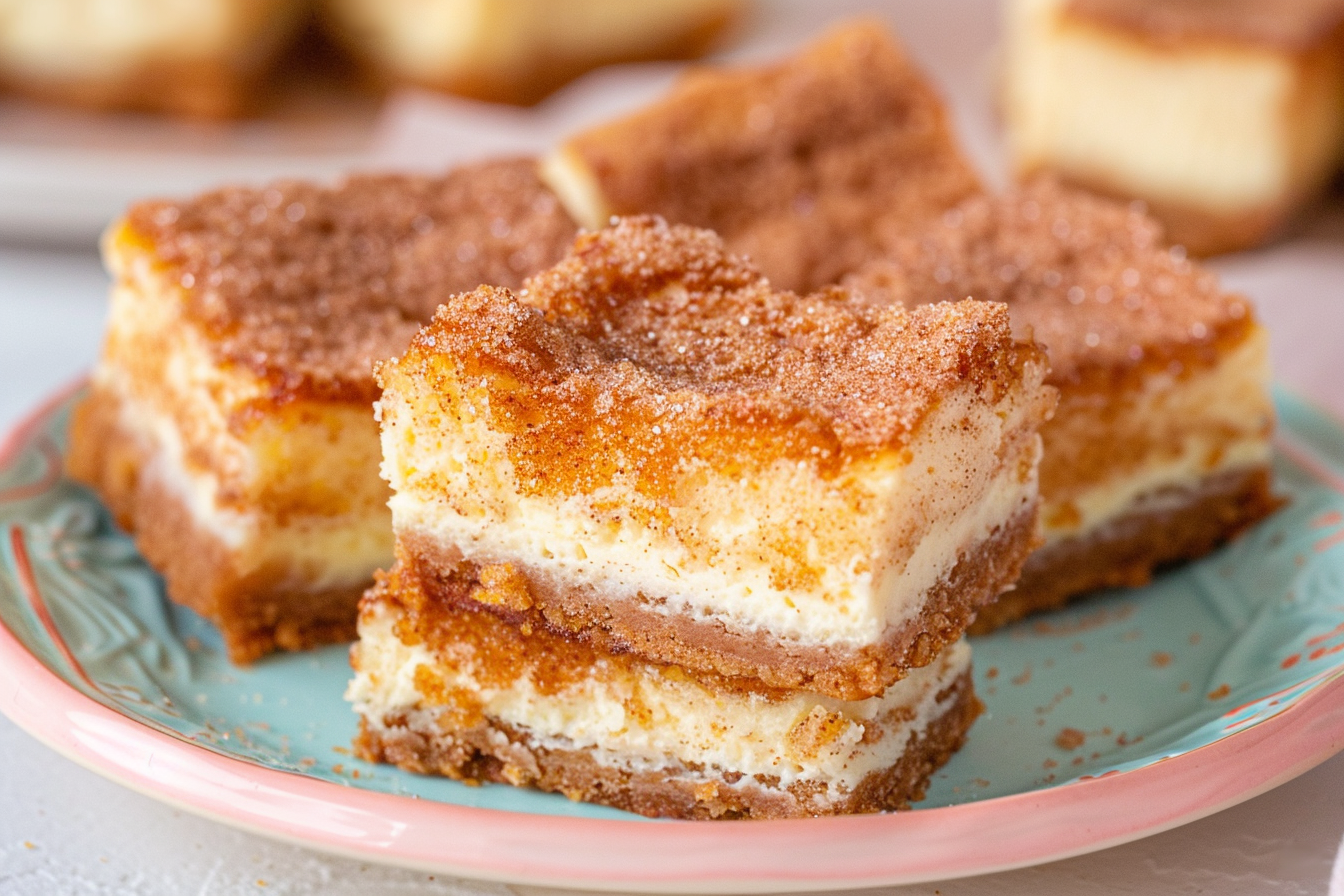 The image shows delicious churro cheesecake bars with a golden, cinnamon-sugar topping. Each bar features a thick, creamy cheesecake layer sandwiched between a crisp, buttery pastry base and a top layer coated generously with cinnamon and sugar, giving it the churro-inspired flavor. The bars are neatly stacked on a decorative plate, showcasing the layered texture and inviting appearance of this sweet treat.