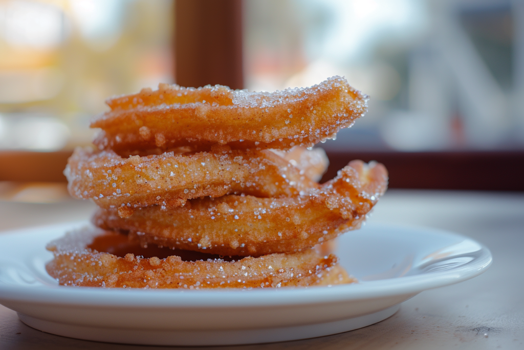 Stack of sugar-coated churros on a plate, showcasing a crispy exterior, typically served with a sweet filling.