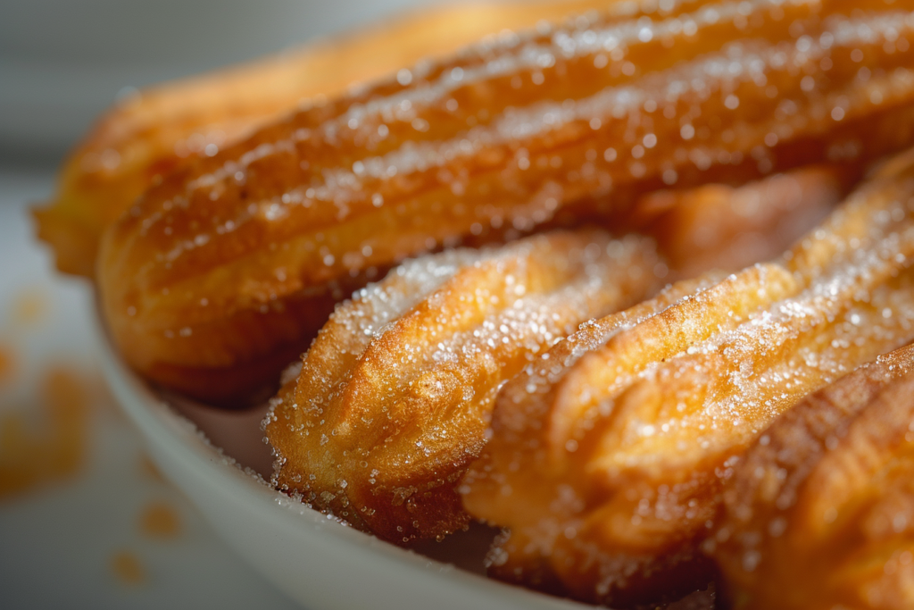 Close-up of golden, sugar-dusted churros with a crispy exterior, perfect for answering "What Does Churro Taste Like?" through their sweet and crunchy texture.