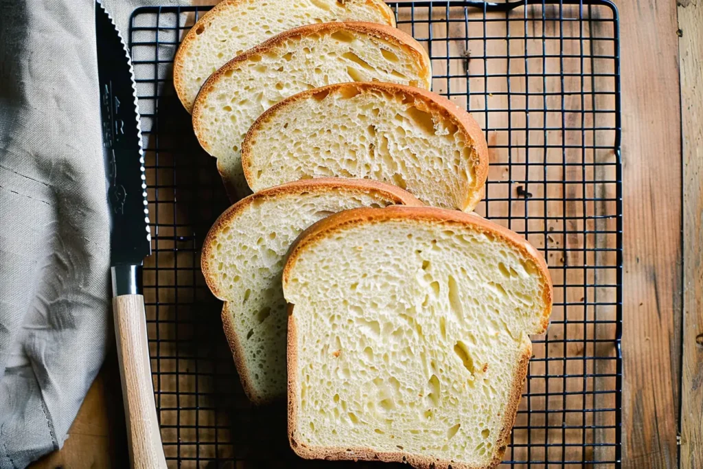 Several slices of homemade sourdough sandwich bread on a cooling rack, showing a soft, airy crumb and golden crust alongside a serrated knife