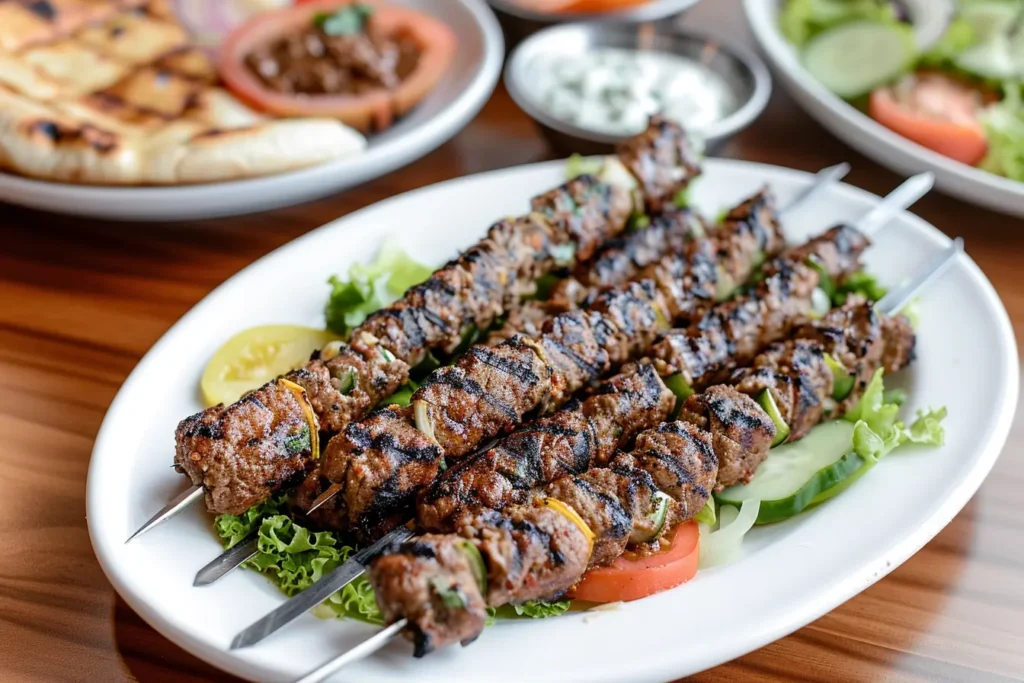 Grilled ground lamb skewers served on a white plate with fresh lettuce, tomato, and cucumber slices, accompanied by various side dishes in the background