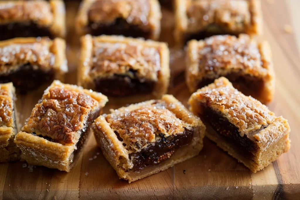 Close-up of homemade fig bars with a golden, crumbly crust and sweet fig filling, sprinkled with sugar and arranged on a wooden surface