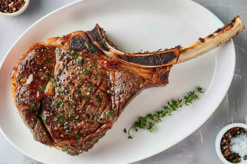 Grilled tomahawk steak seasoned with herbs and spices, served on a white plate with a sprig of thyme