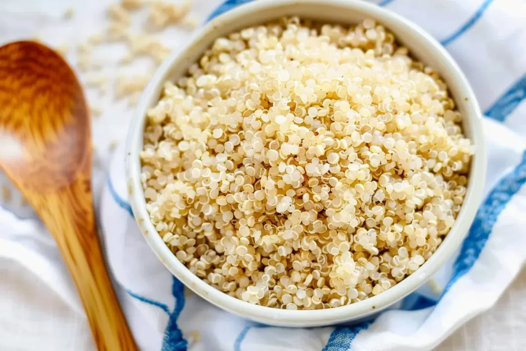 A bowl of fluffy, cooked quinoa with a wooden spoon on the side, displayed on a white and blue kitchen towel, showcasing a nutritious alternative to rice