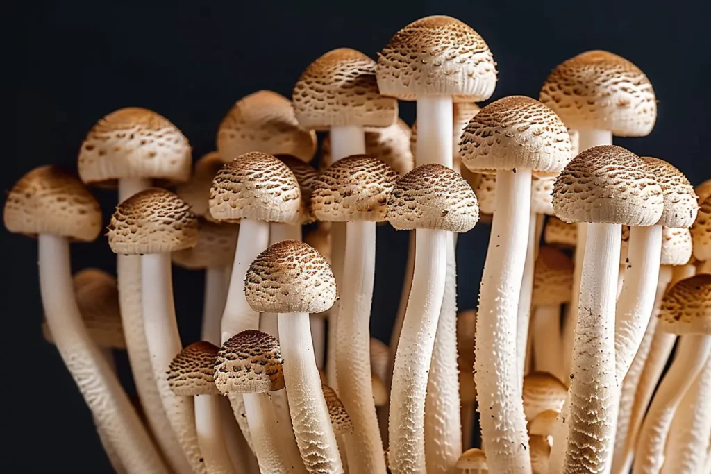 Close-up of a cluster of fresh beech mushrooms with long white stems and textured brown caps, displayed against a dark background