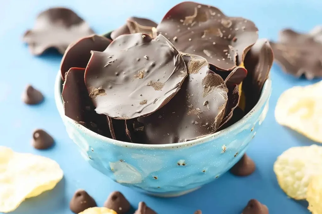 A bowl of crispy potato chips coated in rich dark chocolate, with scattered chocolate chips and plain potato chips around, creating a sweet and salty snack combination.