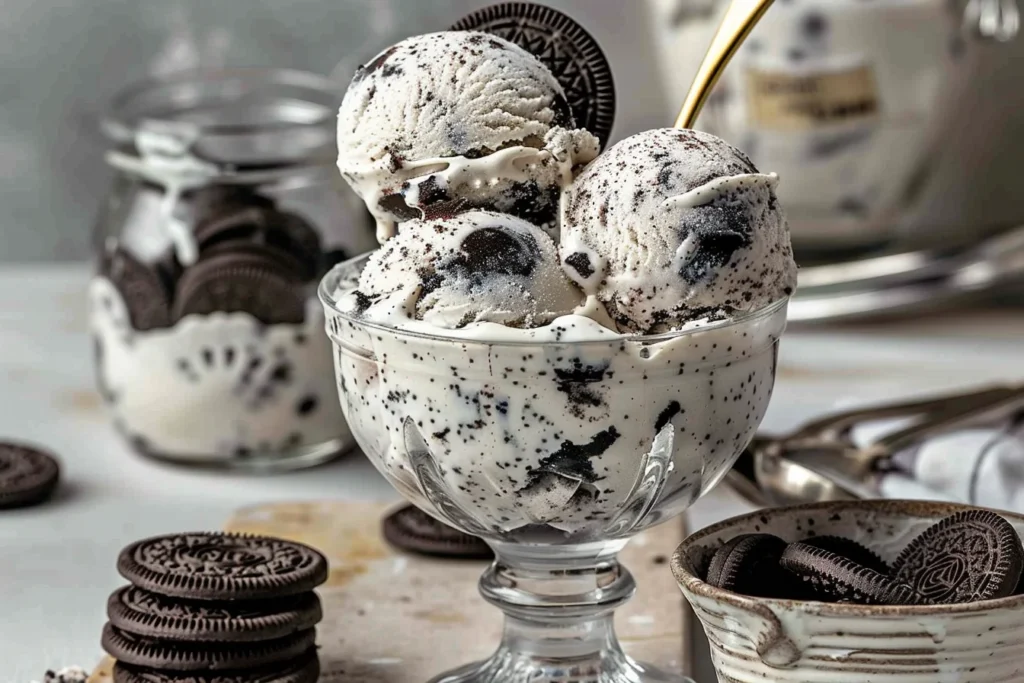 Glass bowl filled with creamy Oreo ice cream, topped with crumbled cookies, served alongside whole Oreo cookies in a rustic dish.