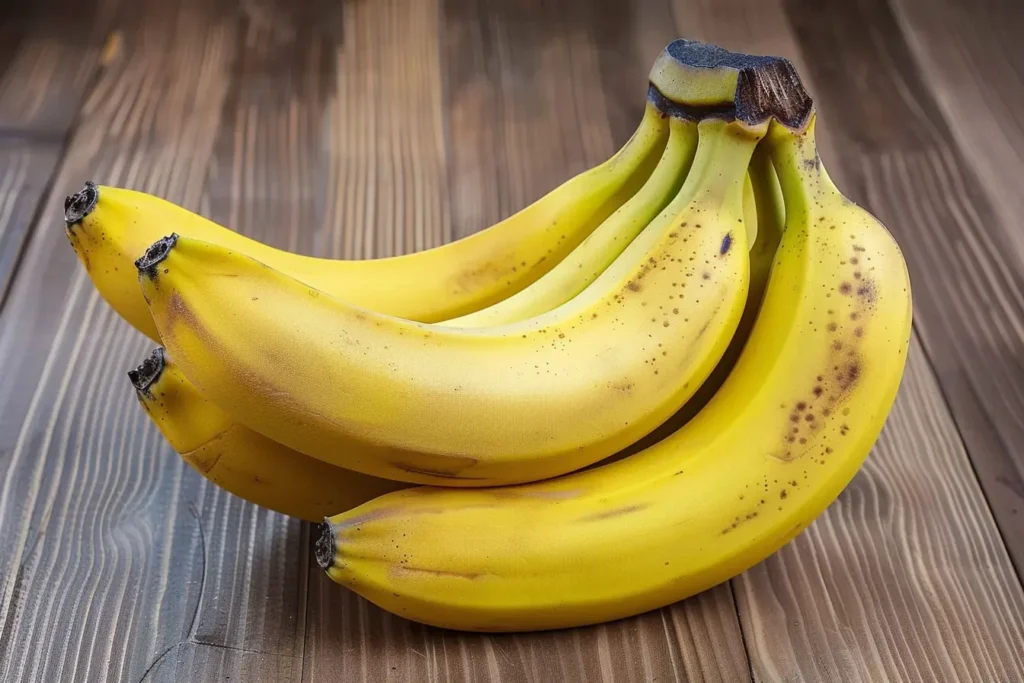 A ripe bunch of bananas with slight brown speckles, resting on a wooden surface, ideal for use in banana protein smoothies or shakes.