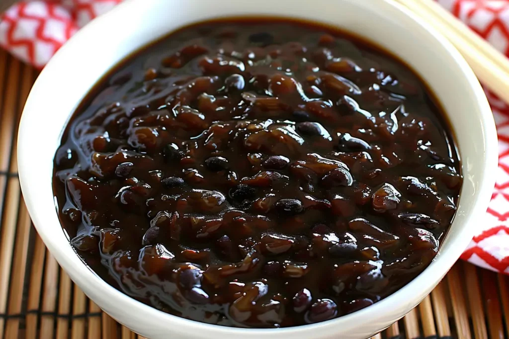 Close-up of thick black bean sauce in a white bowl, with a glossy texture and whole black beans visible