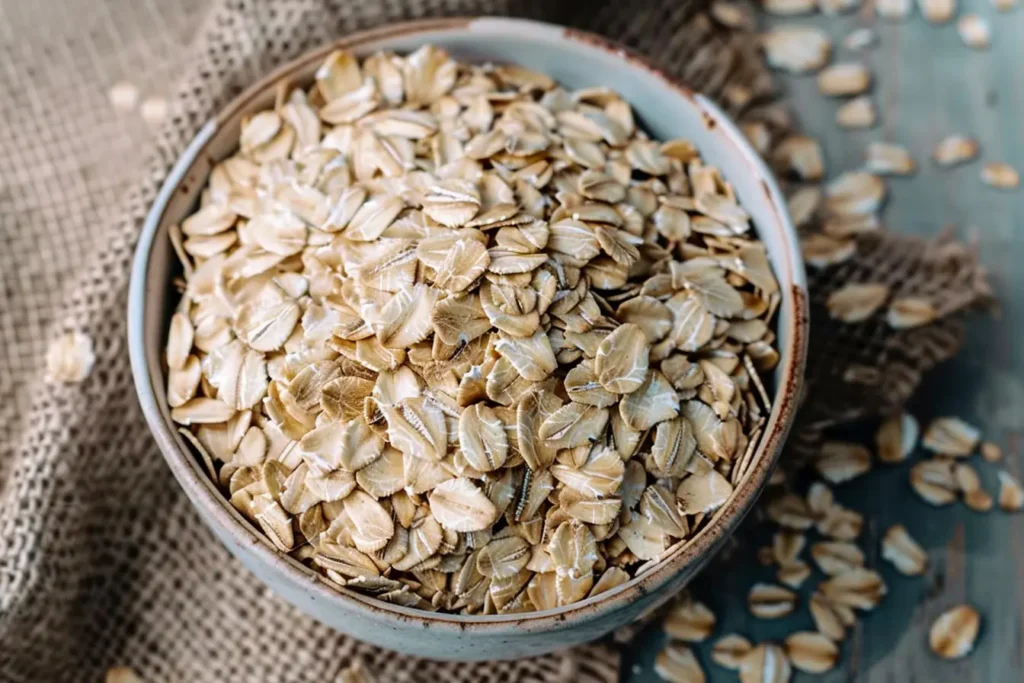 A bowl of raw mush oats, showcasing light, flattened oat grains with a few scattered around the rustic surface, ready for cooking or baking