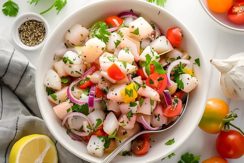 A vibrant bowl of fresh conch salad featuring diced conch, cherry tomatoes, red onions, cilantro, and a sprinkle of black pepper, served with lemon wedges and garlic on the side for a zesty seafood dish.