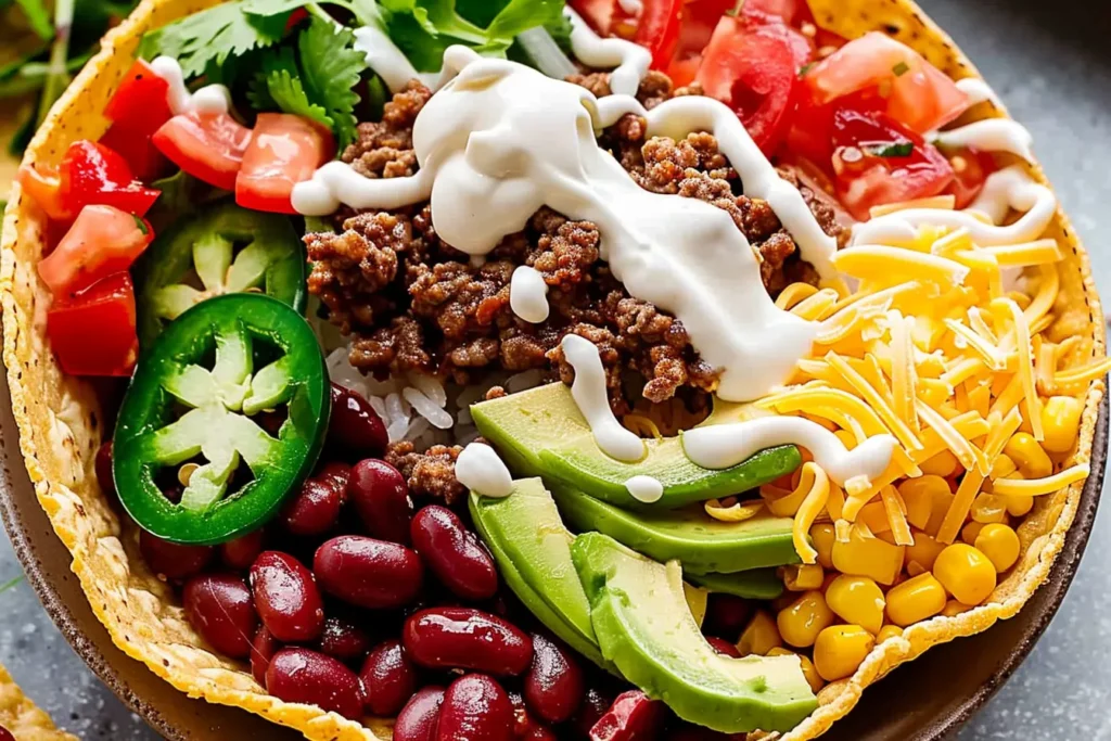 A vibrant taco bowl filled with seasoned ground beef, kidney beans, white rice, sliced avocado, jalapeños, corn, diced tomatoes, and shredded cheese, topped with a drizzle of sour cream and served in a crispy tortilla shell.