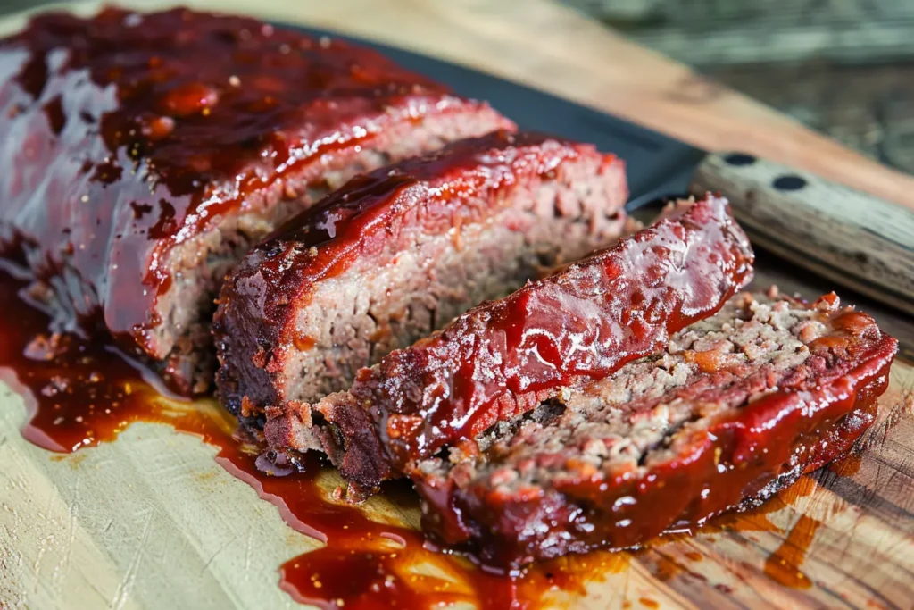 Sliced smoked meatloaf coated in a glossy barbecue glaze, served on a wooden cutting board with juices running from the tender meat.