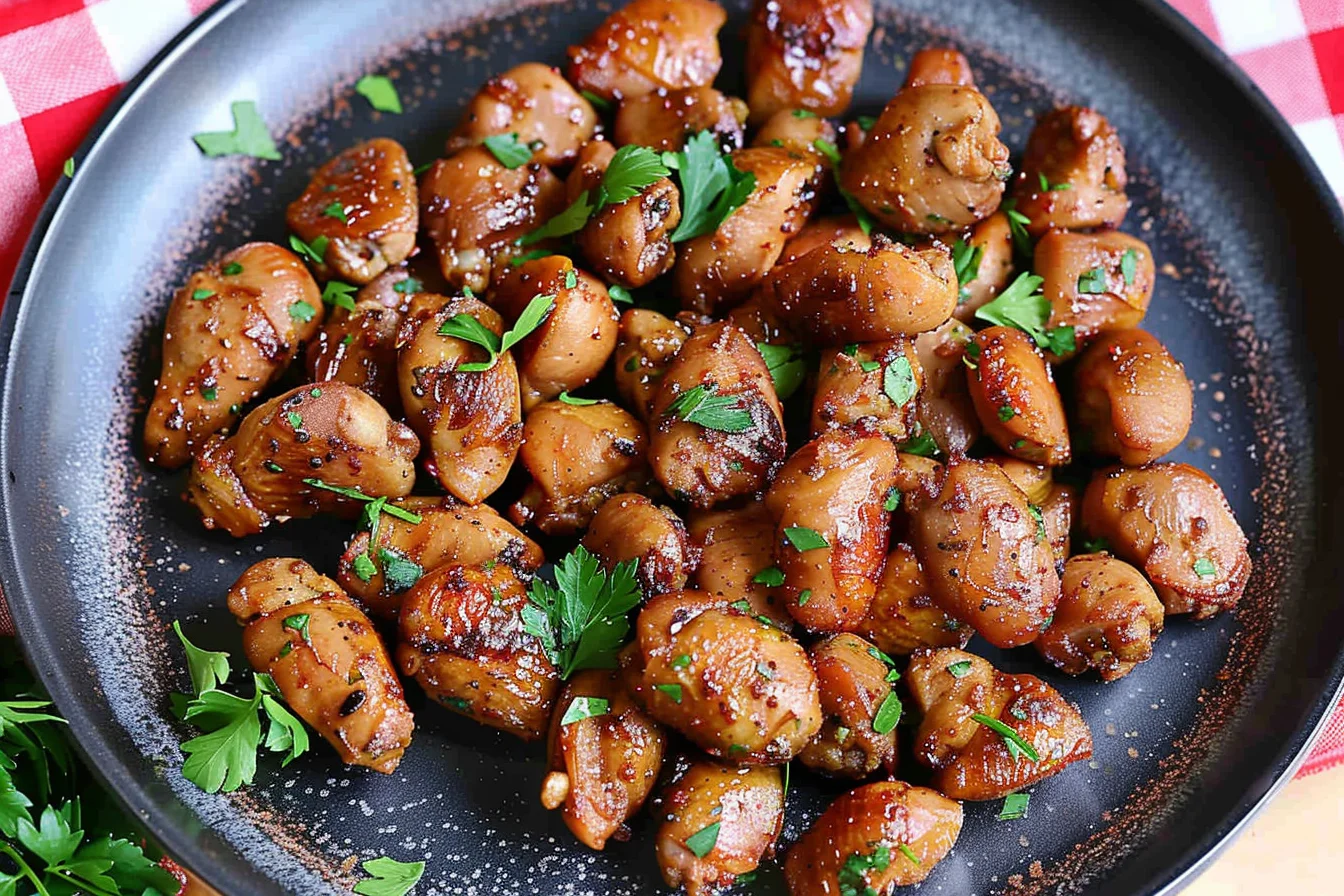 A plate of grilled chicken hearts seasoned with spices and garnished with fresh parsley, offering a savory and tender dish, served on a dark plate with a checkered tablecloth in the background.