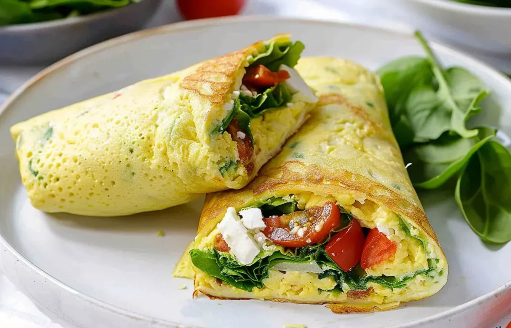 Two fluffy egg wraps filled with fresh spinach, cherry tomatoes, and crumbled feta, served on a white plate with a side of greens.