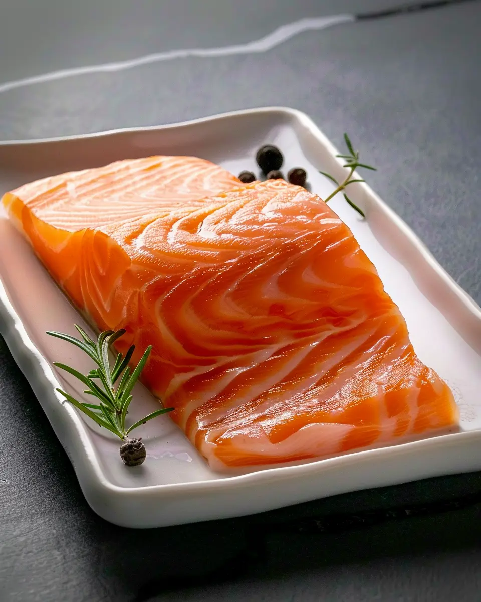 Fresh salmon sashimi slice on a white rectangular plate, garnished with sprigs of rosemary and black peppercorns