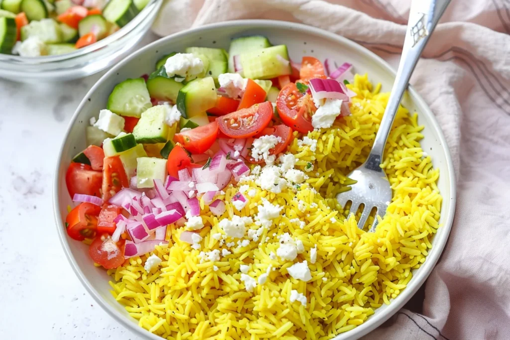 A bowl of Mediterranean rice served with diced cucumbers, cherry tomatoes, red onions, and crumbled feta cheese, creating a colorful and fresh dish, with a fork resting on the side.