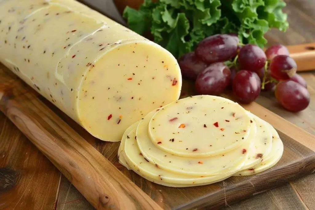 A block of pepper jack cheese with visible red pepper flakes, partially sliced on a wooden board, accompanied by red grapes and leafy greens in the background.