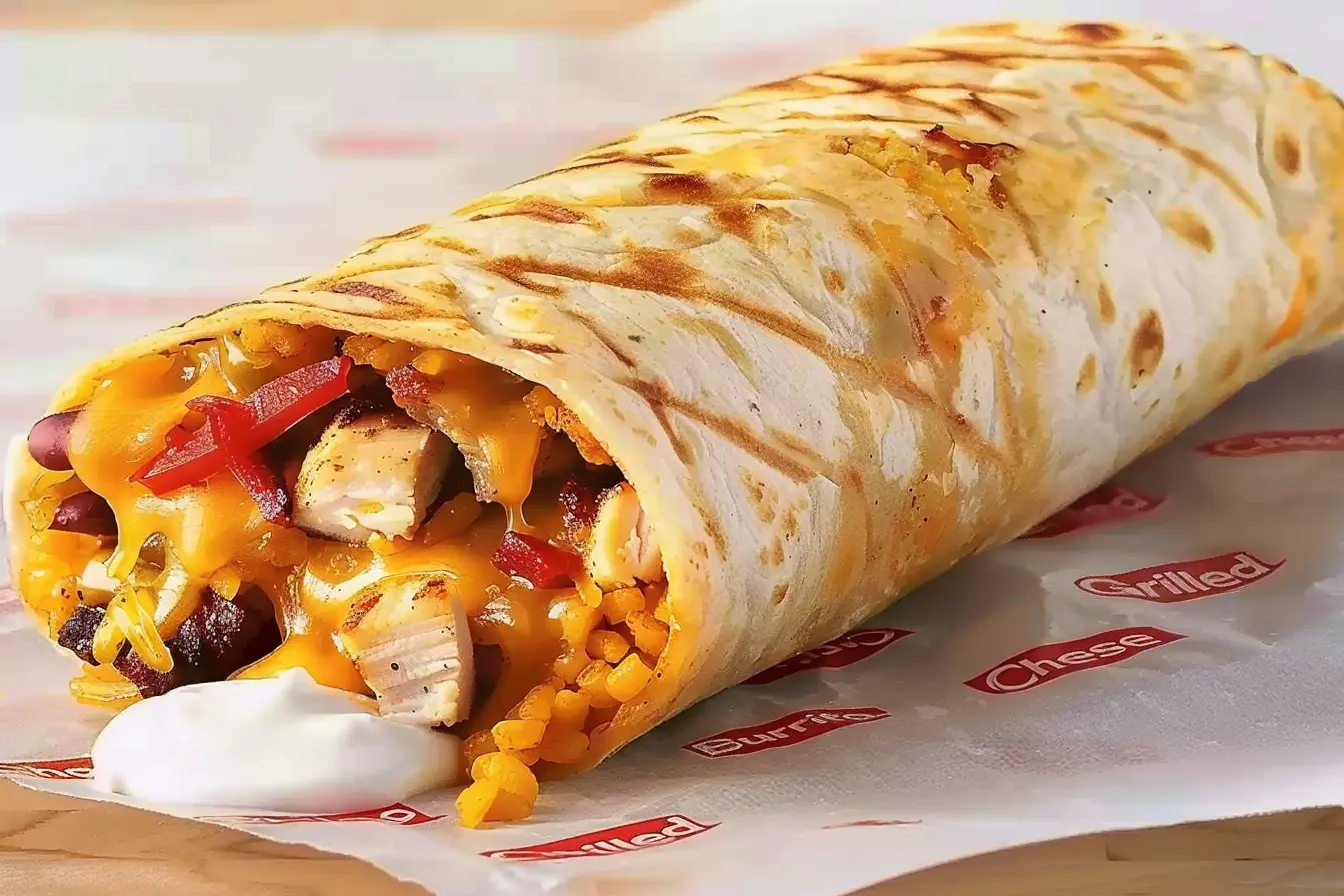 Close-up of a grilled cheese burrito filled with melted cheddar, grilled chicken, rice, beans, and red peppers, served with a dollop of sour cream on the side.