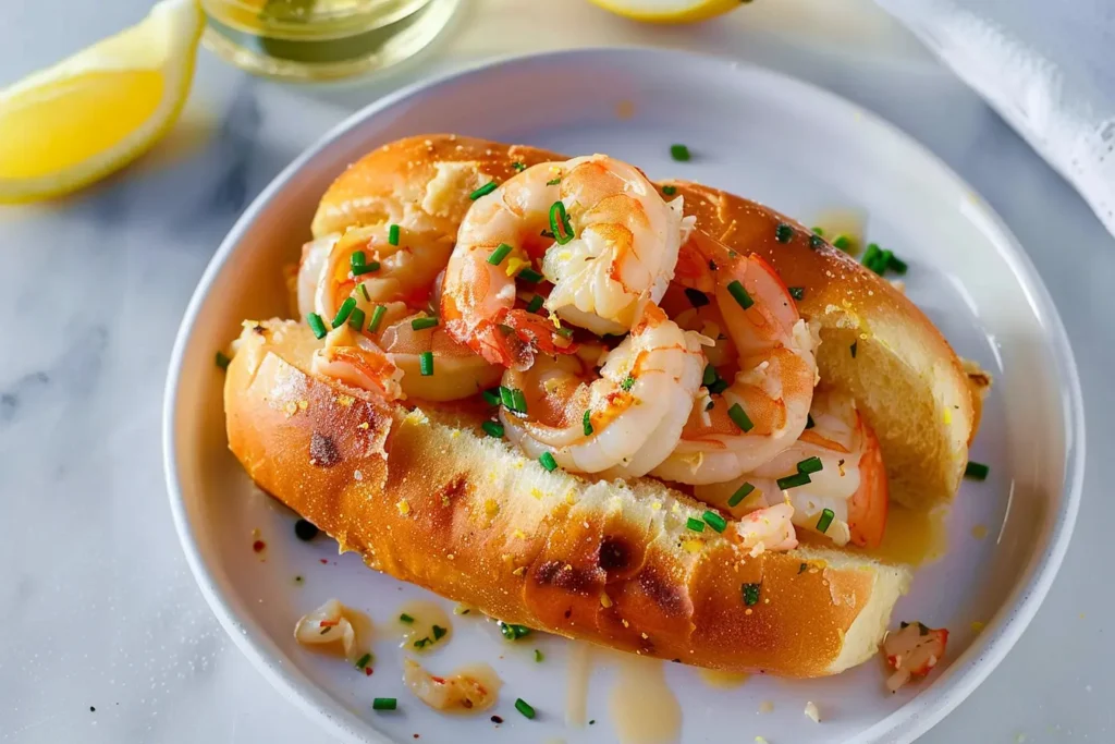 Butter-toasted roll filled with succulent shrimp, garnished with chopped chives and drizzled with lemon butter, served on a white plate with lemon wedges