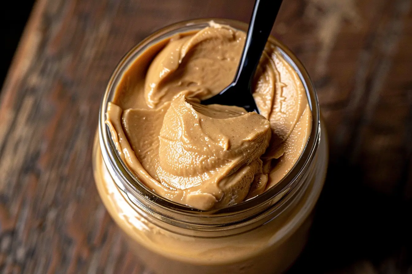 A jar of creamy peanut butter with a black spoon scooping out a thick portion, perfect for adding to protein shakes or smoothies for a boost of peanut butter protein