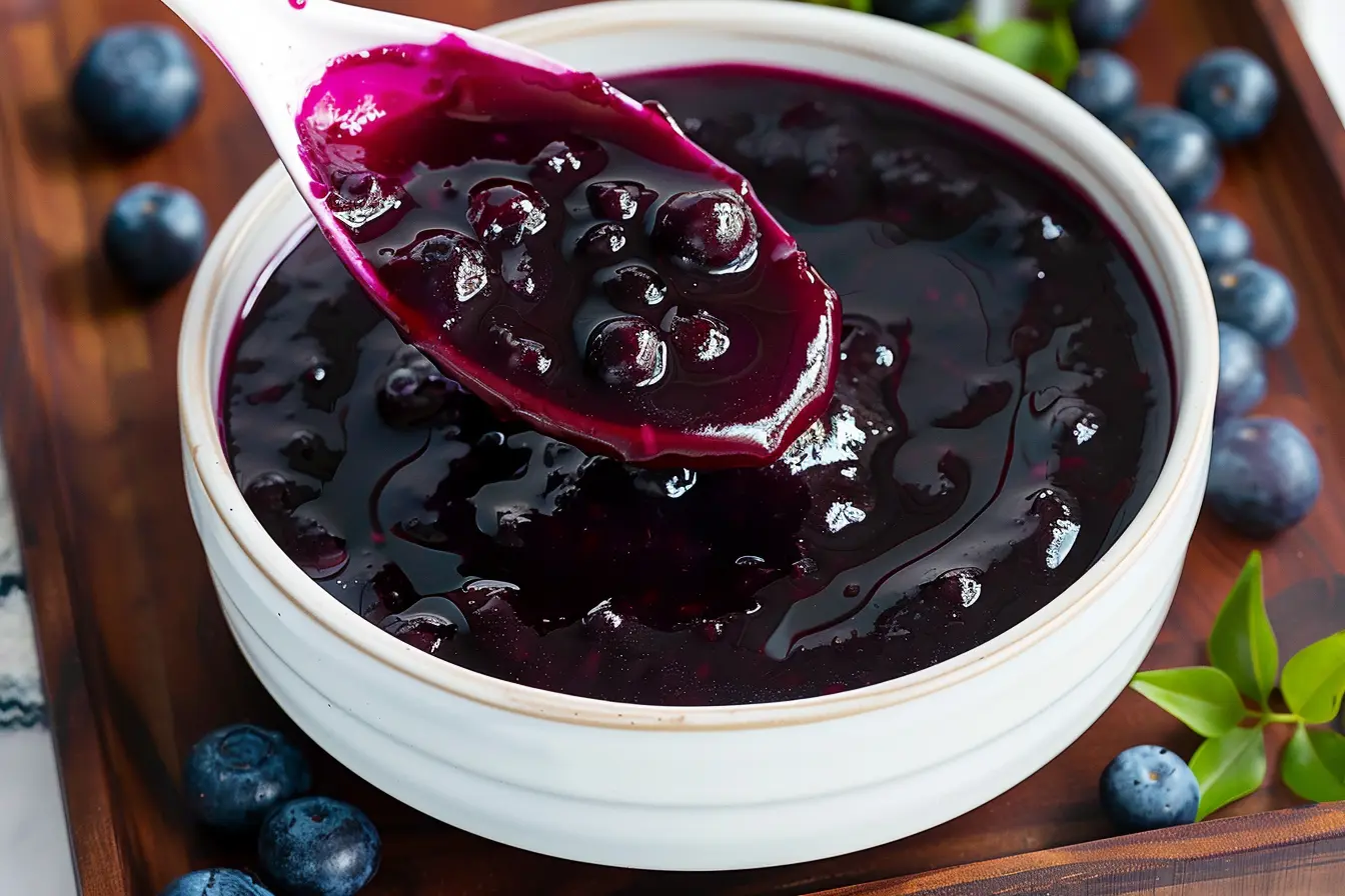 A spoon lifting thick blueberry syrup with whole blueberries from a white bowl, surrounded by fresh blueberries on a wooden surface