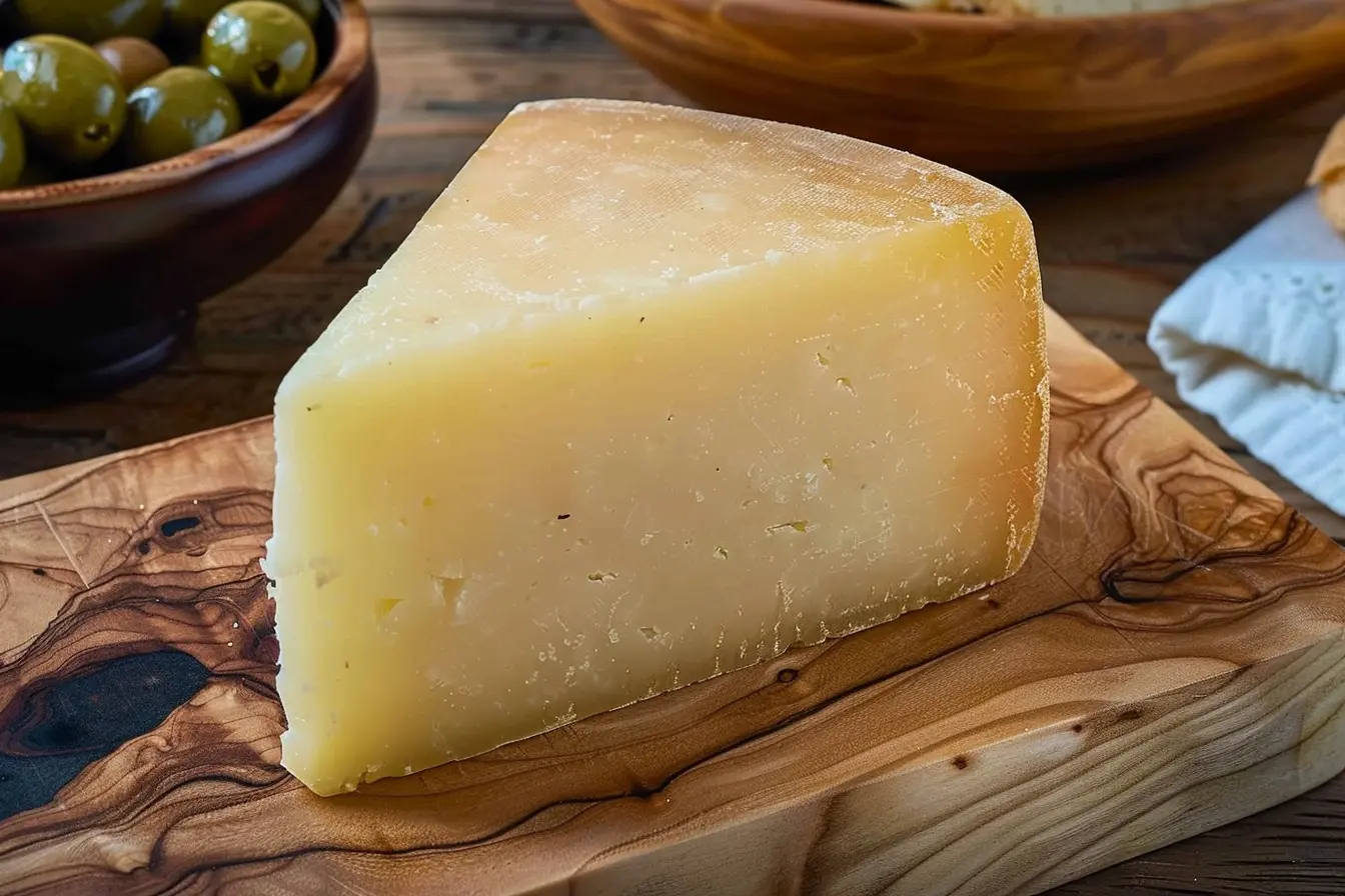 Close-up of a wedge of vegetarian cheese on a rustic wooden board, with a bowl of green olives in the background