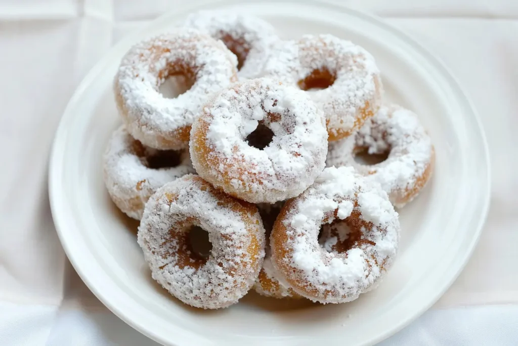Plate of freshly made powdered donuts covered in a thick layer of powdered sugar, stacked on a white dish