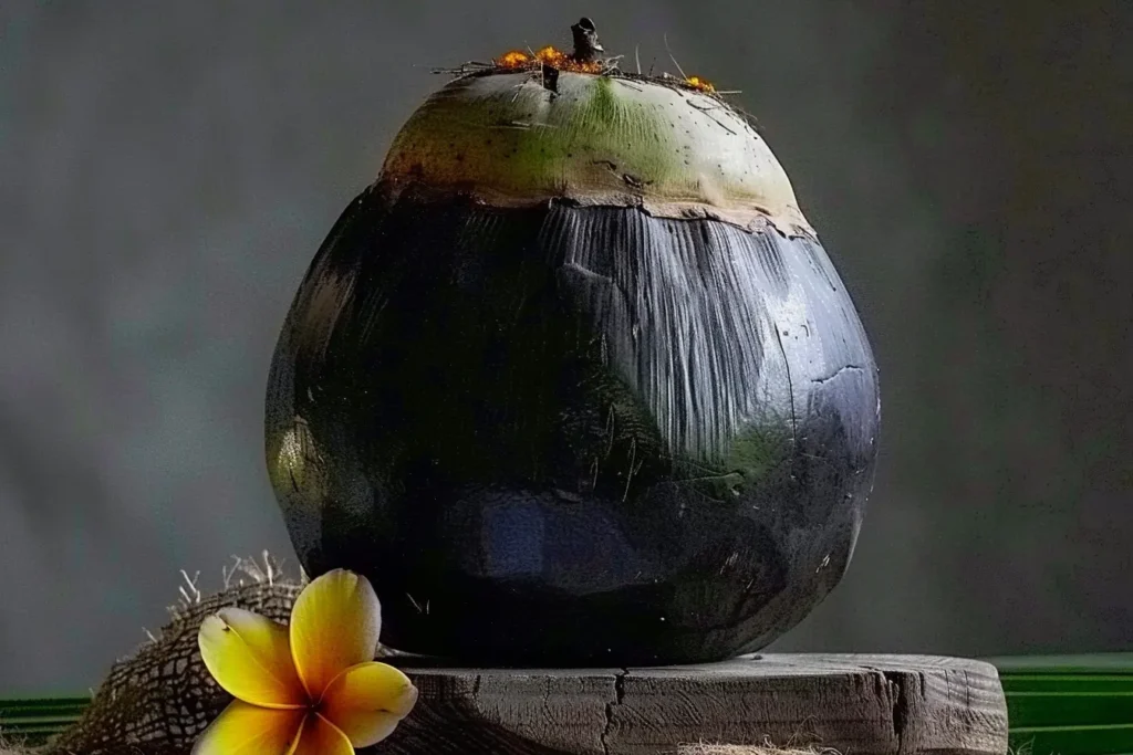 A dark, ripe palm fruit resting on a wooden surface, accompanied by a yellow frangipani flower, creating a natural and tropical aesthetic