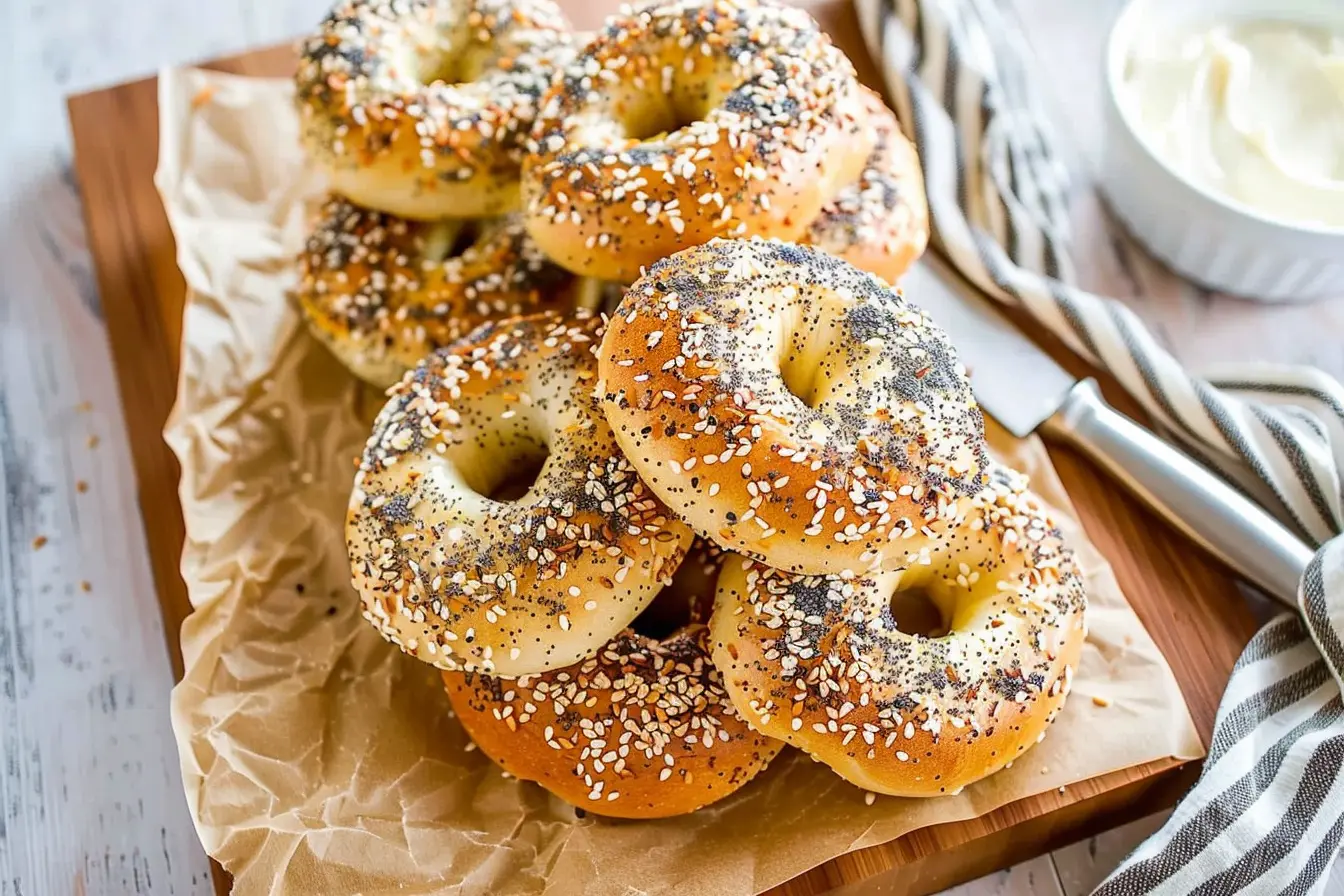 Stack of freshly baked everything bagels topped with poppy seeds, sesame seeds, and garlic flakes, served on parchment paper with a side of cream cheese