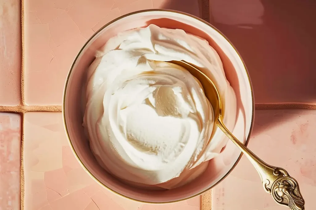 Top view of creamy Greek yogurt in a bowl with a gold spoon, placed on a pink tiled surface