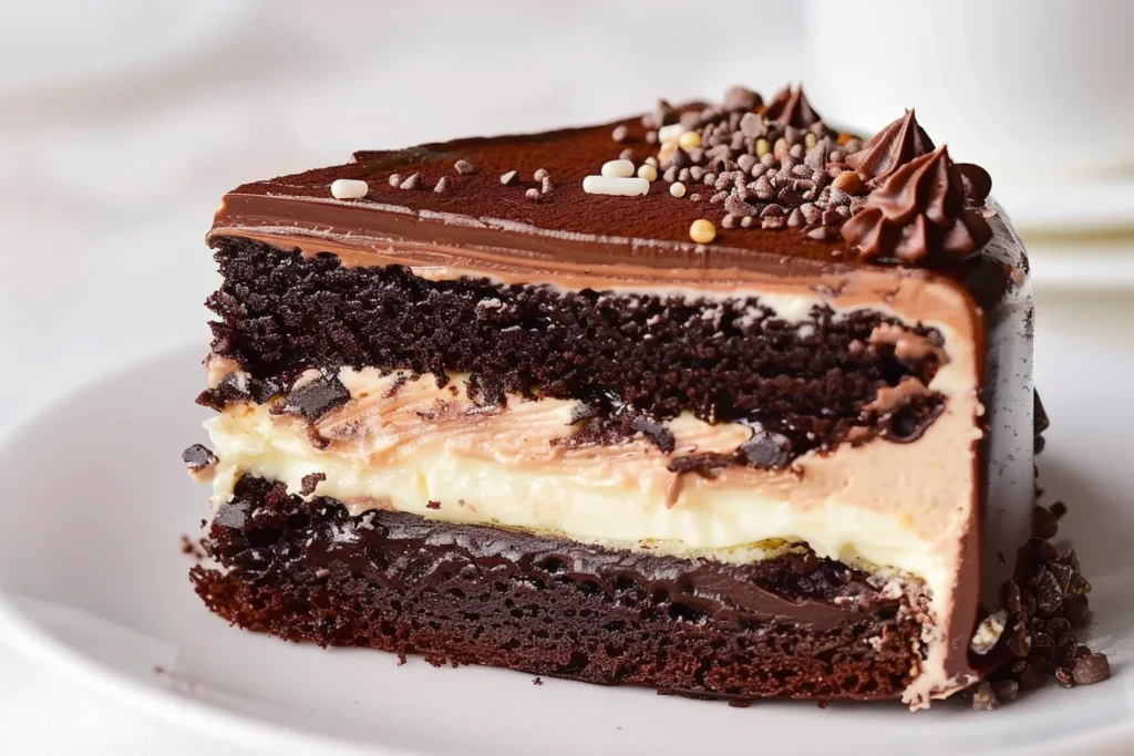 Slice of rich tuxedo cake featuring layers of dark chocolate cake, creamy white chocolate filling, and milk chocolate mousse, topped with chocolate ganache and sprinkles.