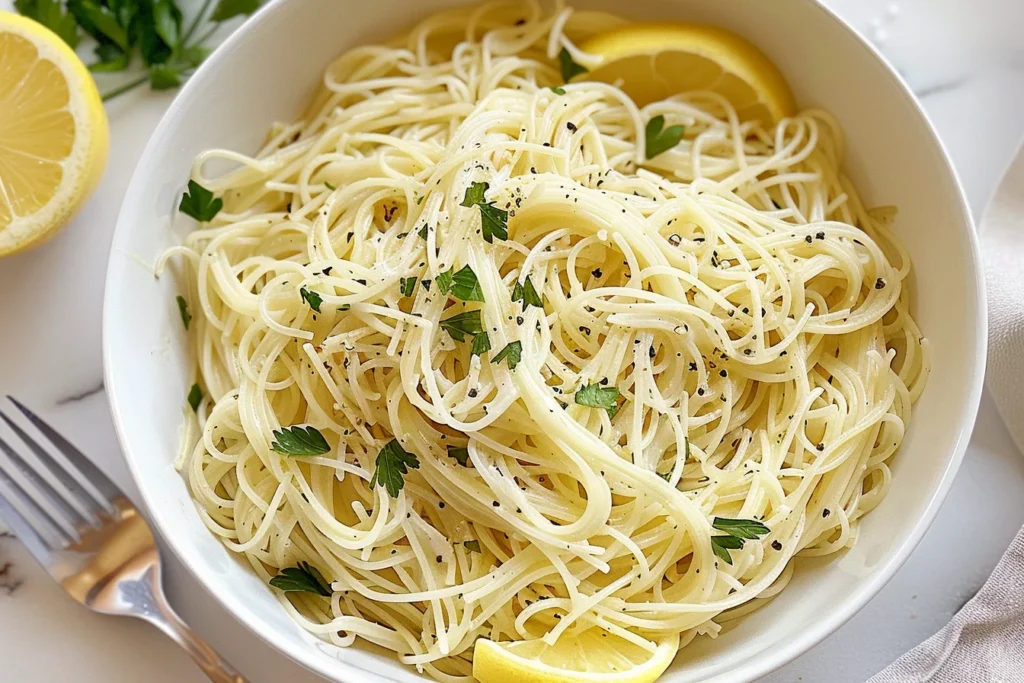 Capellini pasta tossed in a light lemon and olive oil sauce, garnished with fresh parsley and black pepper, served in a white bowl with lemon wedges