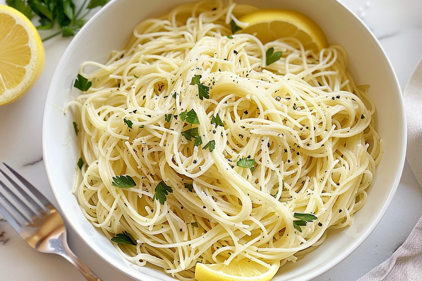Capellini pasta tossed in a light lemon and olive oil sauce, garnished with fresh parsley and black pepper, served in a white bowl with lemon wedges
