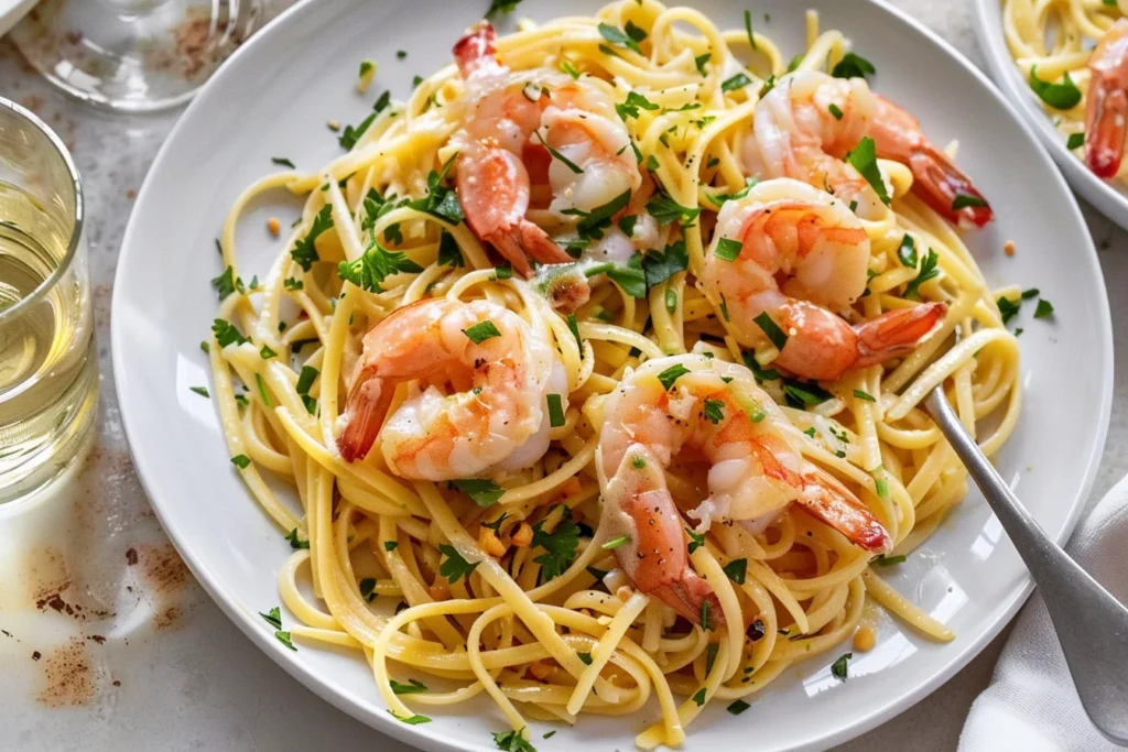 Plate of linguini pasta topped with sautéed shrimp, fresh parsley, and a light garlic sauce, served with a glass of white wine