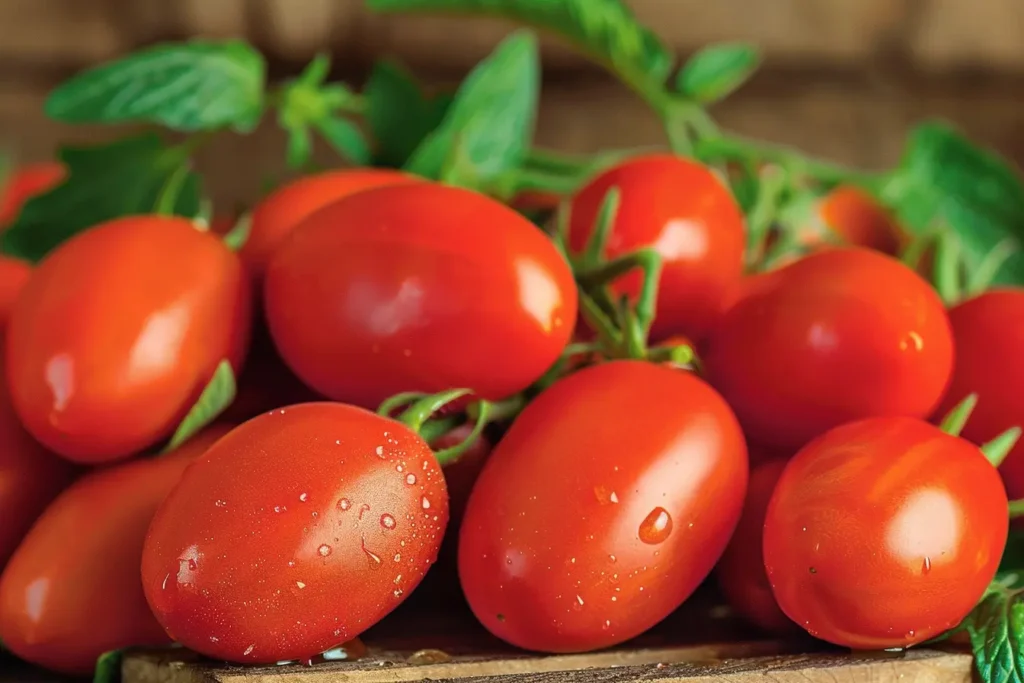 A cluster of fresh Roma tomatoes with water droplets, resting on a wooden surface, surrounded by green leaves for a vibrant, garden-fresh presentation