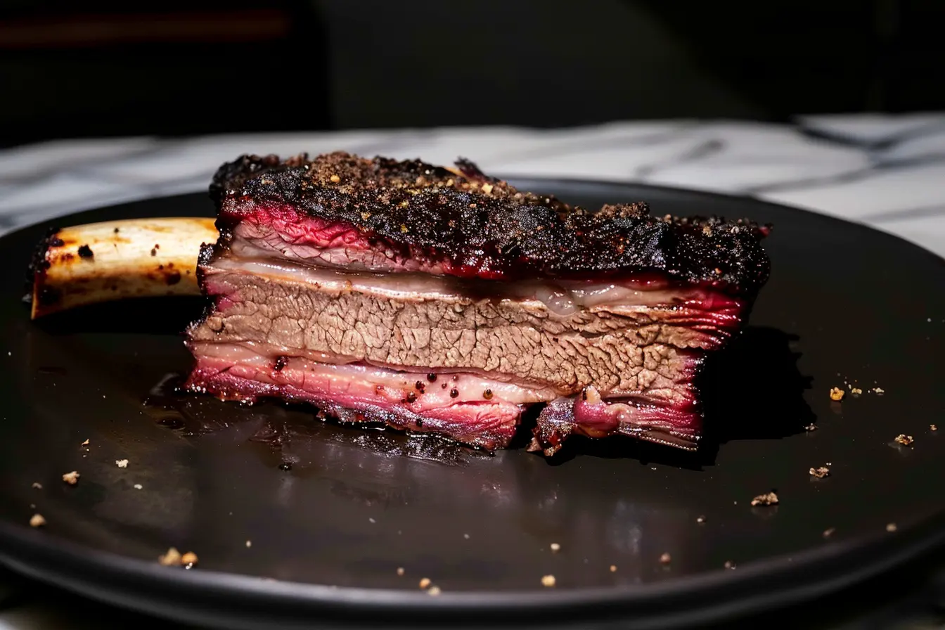 Close-up of a perfectly cooked dino rib with a dark charred crust, juicy layers of tender beef, and a rich pink smoke ring, served on a black plate.