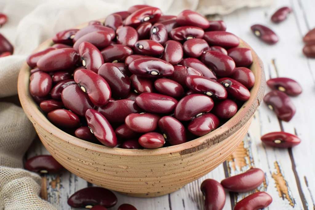 A bowl filled with glossy, raw kidney beans, placed on a rustic wooden surface, with a few beans scattered around, showcasing their deep red color and smooth texture.
