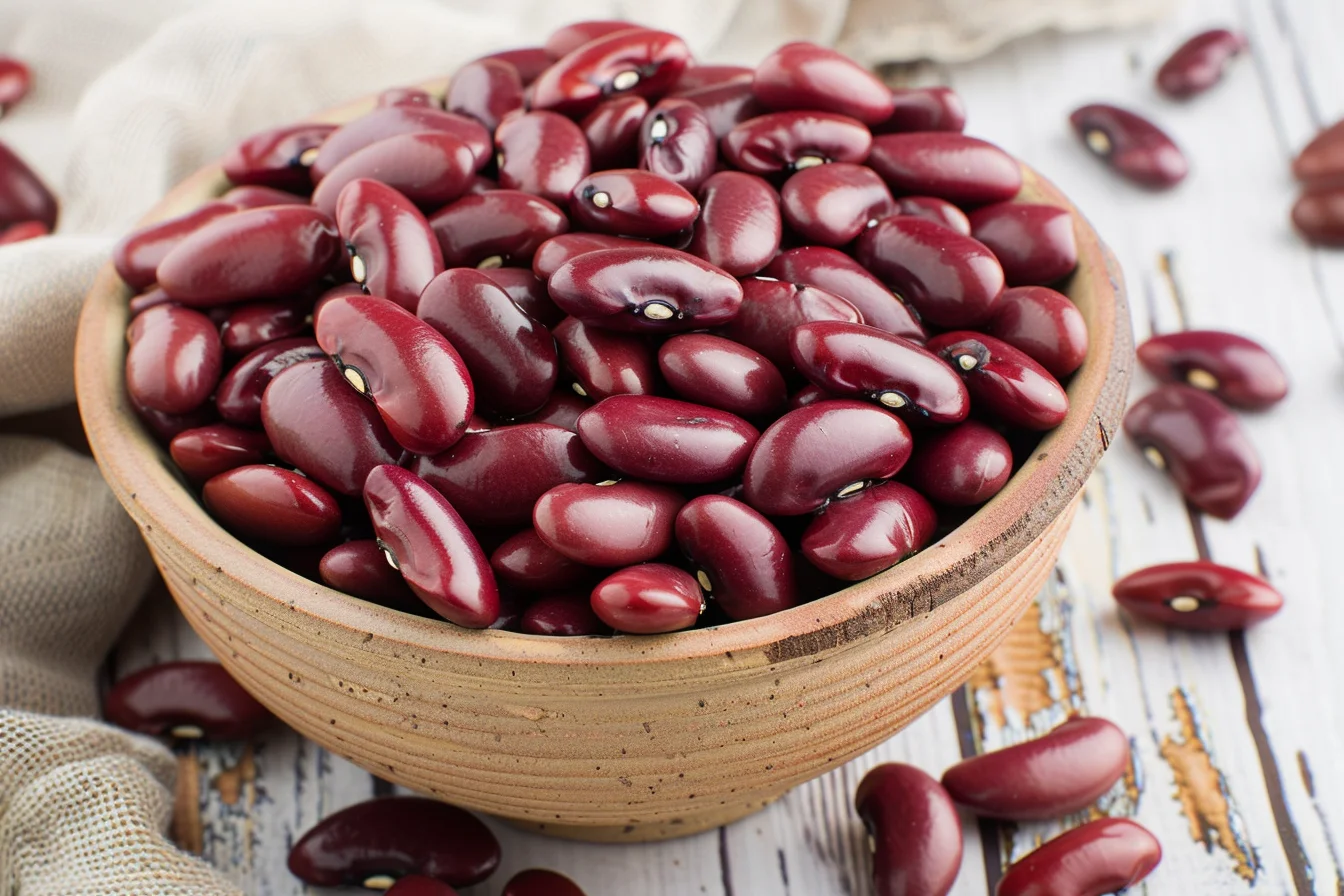 A bowl filled with glossy, raw kidney beans, placed on a rustic wooden surface, with a few beans scattered around, showcasing their deep red color and smooth texture.
