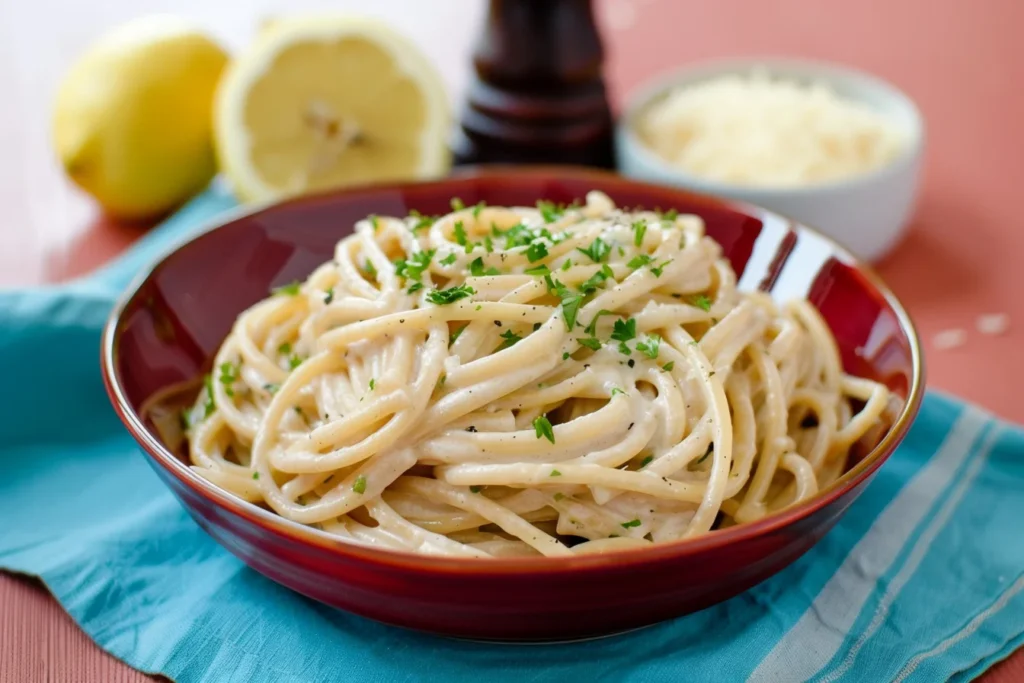 A bowl of creamy Alfredo spaghetti garnished with freshly chopped parsley, with a side of lemon, grated cheese, and a pepper mill in the background for a rich, flavorful dish