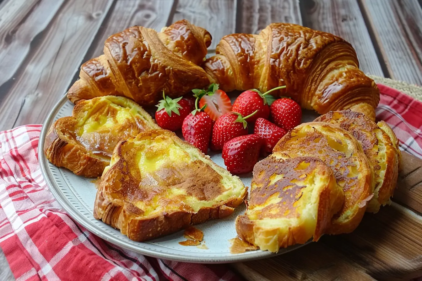 Plate of golden-brown croissant toast slices served with fresh strawberries, accompanied by whole croissants, set on a red and white checkered cloth