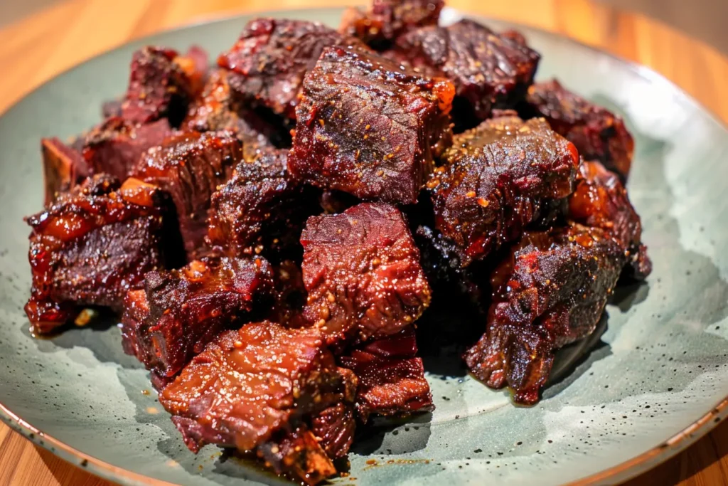 Close-up of juicy, tender beef burnt ends with a caramelized outer crust, served on a green ceramic plate