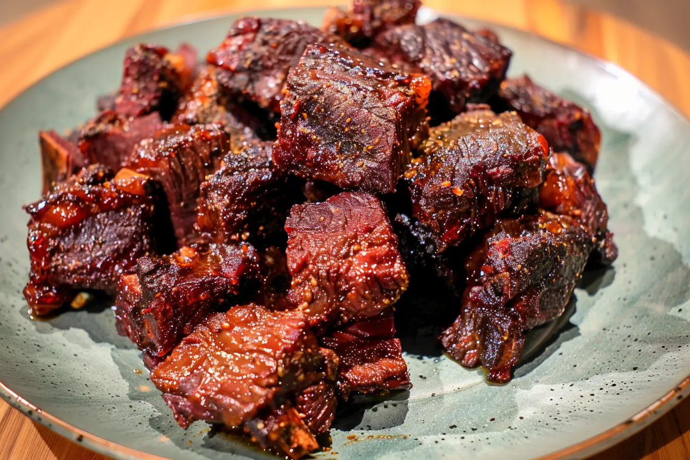 Close-up of juicy, tender beef burnt ends with a caramelized outer crust, served on a green ceramic plate