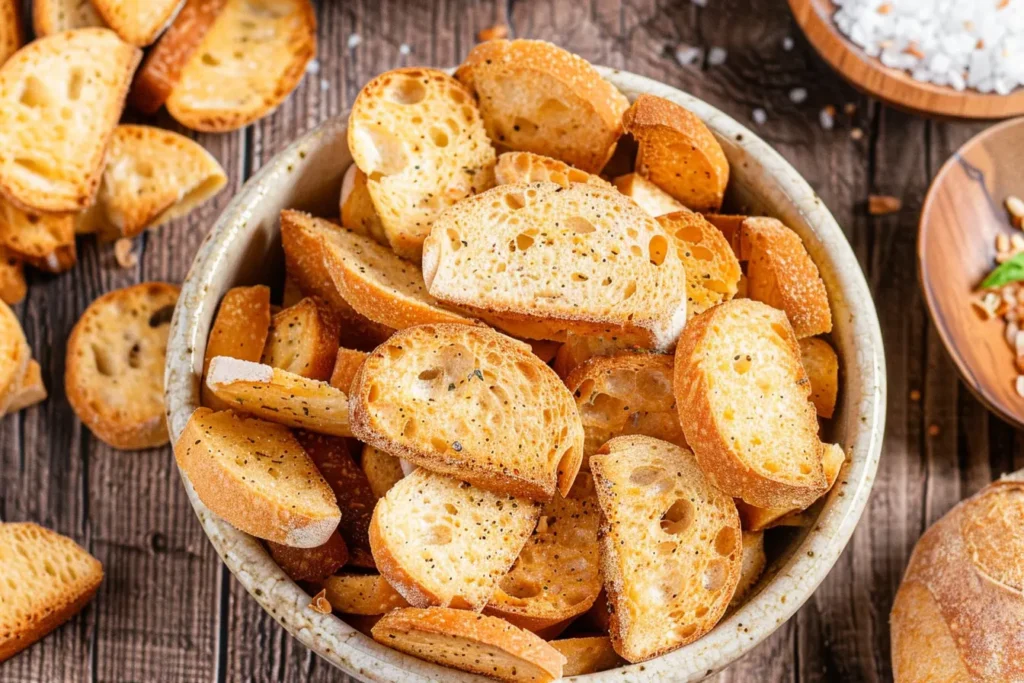 A bowl of crispy, golden-brown bagel chips seasoned with salt and pepper, arranged on a wooden table. The thinly sliced bagel pieces have a crunchy texture, with more chips scattered around the bowl.