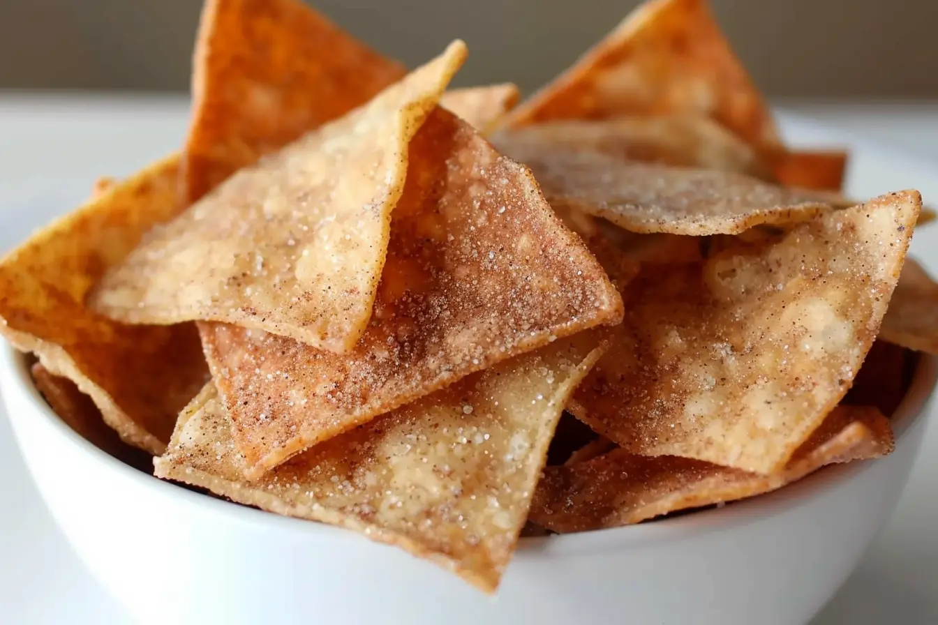 A bowl filled with crispy cinnamon chips, lightly dusted with cinnamon sugar, offering a sweet and crunchy snack option