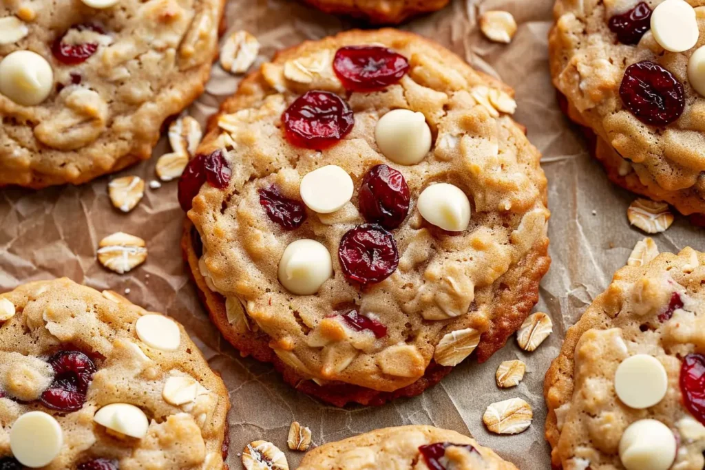 Close-up of oatmeal cranberry cookies topped with white chocolate chips and dried cranberries, highlighting a chewy texture with visible oats.